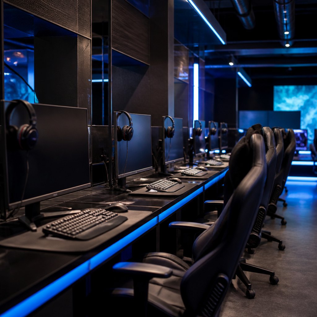 Players in headsets typing side by side at a warmly lit row of club computers