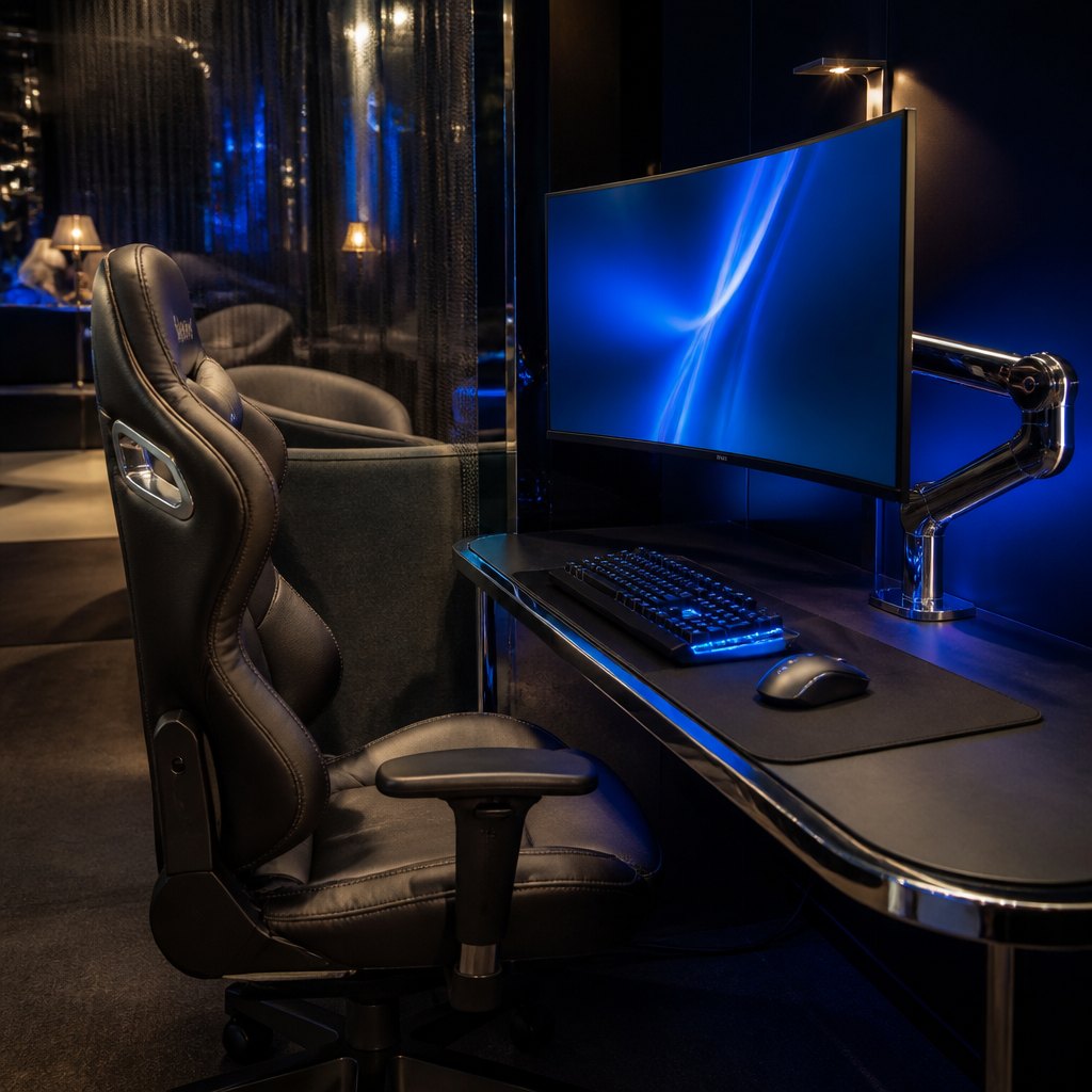 A player in a headset leaning into a monitor in a row of club computers