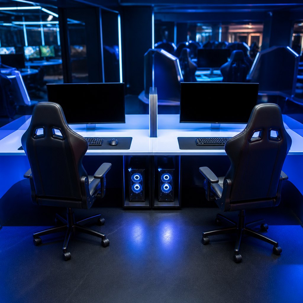 A focused player leaning into a monitor in a cool-lit row of gaming stations